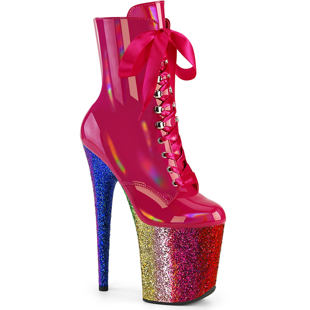 8" Heel, 4" Pf Lace-Up Front Ankle Boot, Side Zip Pleaser Pleaser FLAMINGO/1020HG