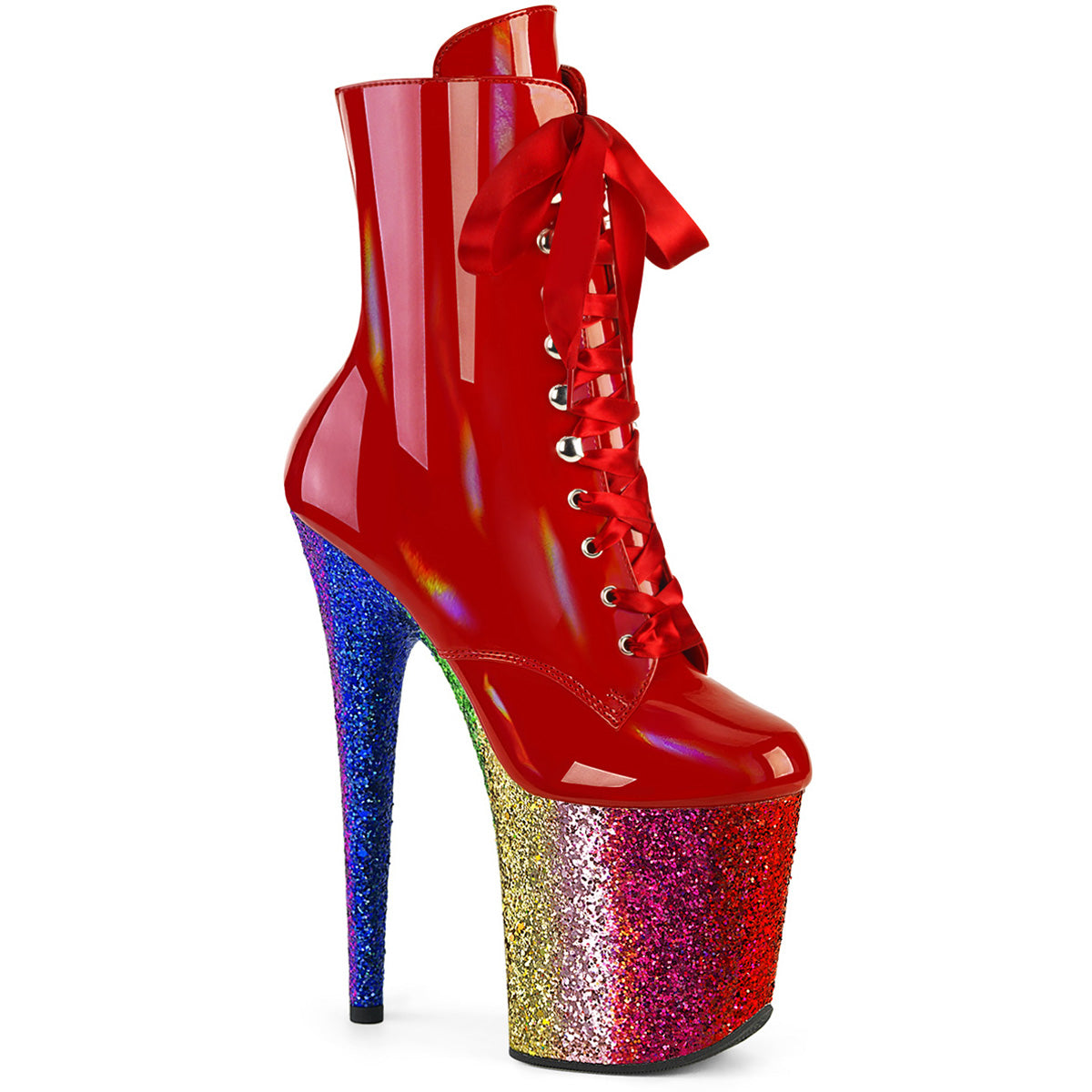 8" Heel, 4" Pf Lace-Up Front Ankle Boot, Side Zip Pleaser Pleaser FLAMINGO/1020HG