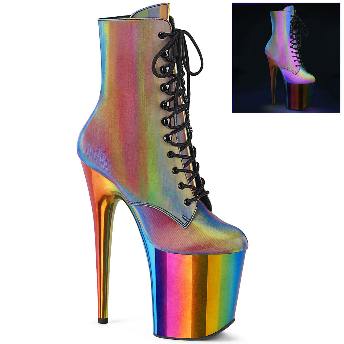 8" Heel, 4" Chromed PF Lace-Up Ankle Boot, Side Zip Pleaser Pleaser FLAMINGO/1020RC/REFL Main image