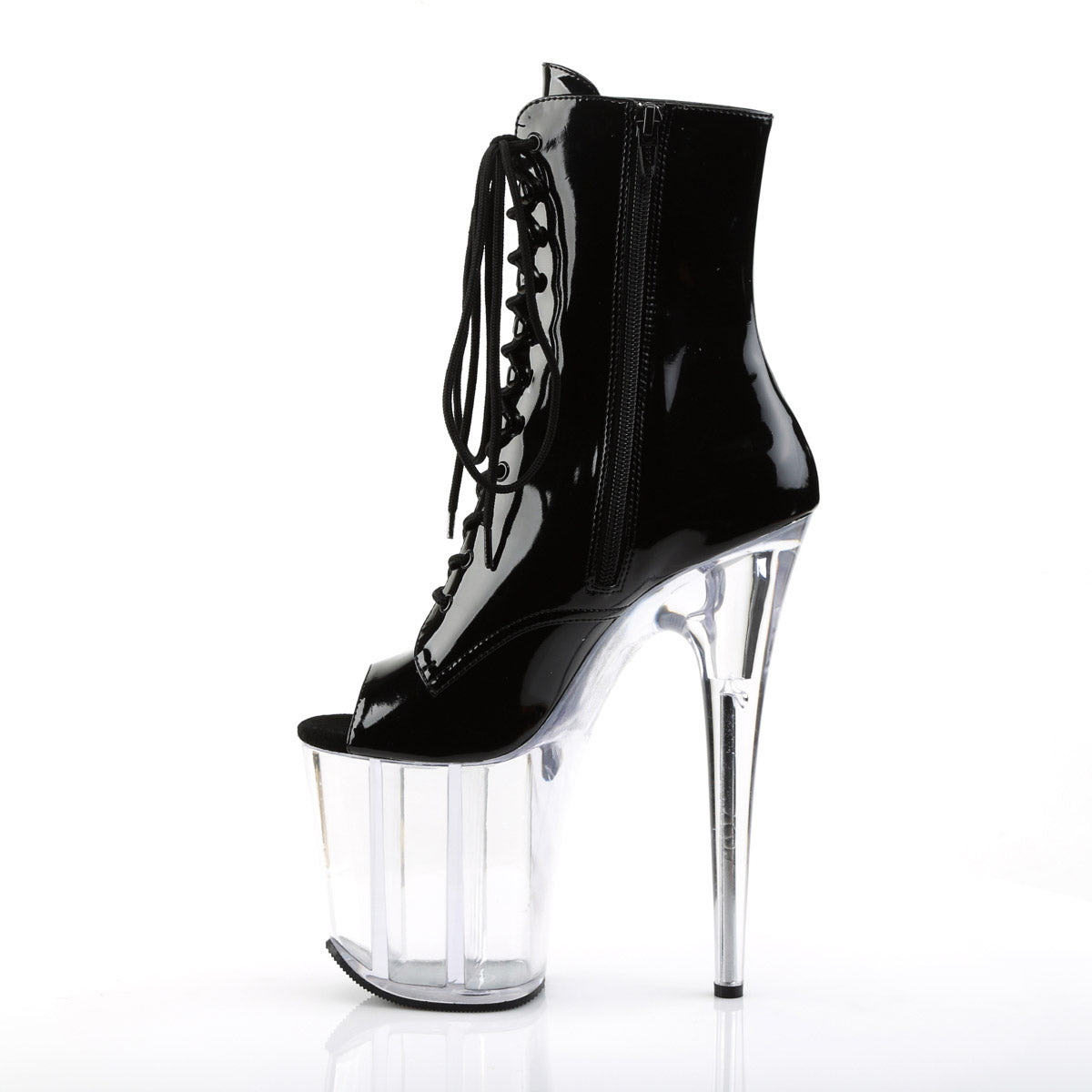 8" Heel, 4" PF Peep Toe Lace-Up Ankle Boot, Side Zip Blk Pat/Clr Pleaser Pleaser FLAMINGO/1021