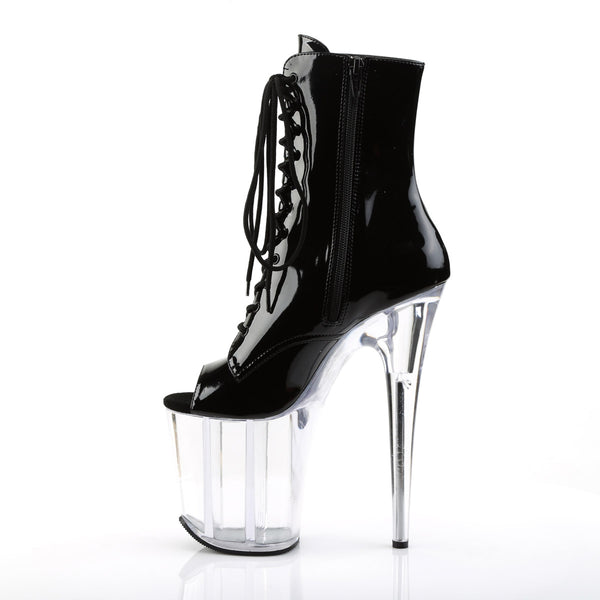 8" Heel, 4" PF Peep Toe Lace-Up Ankle Boot, Side Zip Blk Pat/Clr Pleaser Pleaser FLAMINGO/1021