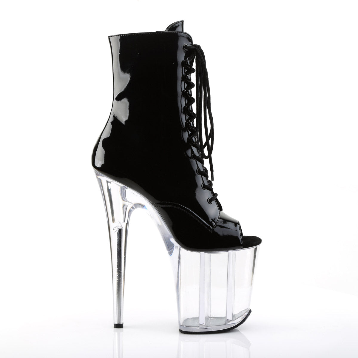 8" Heel, 4" PF Peep Toe Lace-Up Ankle Boot, Side Zip Blk Pat/Clr Pleaser Pleaser FLAMINGO/1021