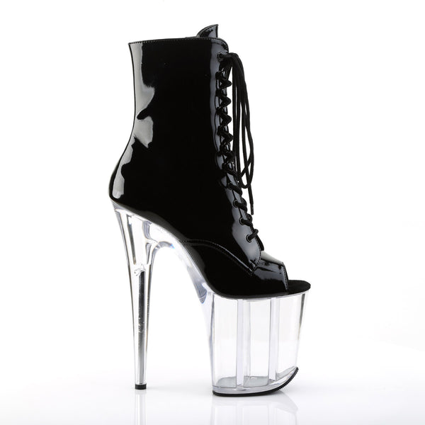 8" Heel, 4" PF Peep Toe Lace-Up Ankle Boot, Side Zip Blk Pat/Clr Pleaser Pleaser FLAMINGO/1021