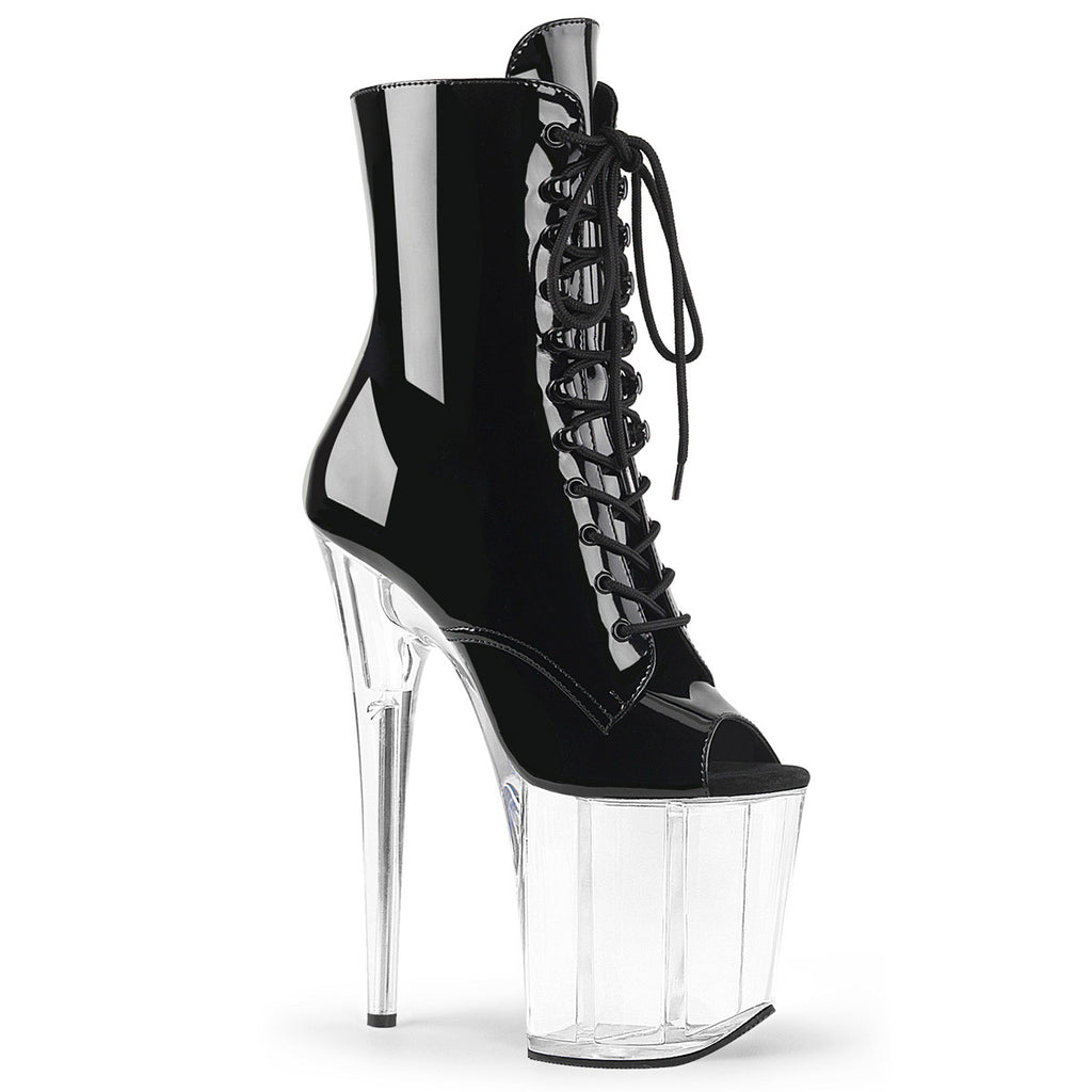 8" Heel, 4" PF Peep Toe Lace-Up Ankle Boot, Side Zip Blk Pat/Clr Pleaser Pleaser FLAMINGO/1021