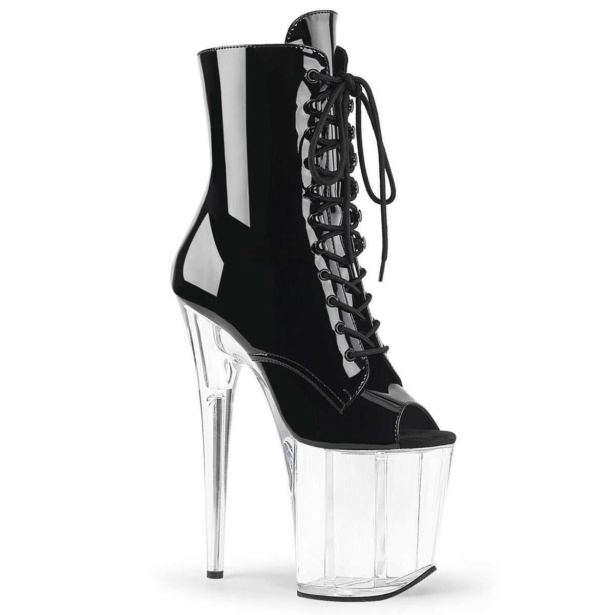 8" Heel, 4" PF Peep Toe Lace-Up Ankle Boot, Side Zip Blk Pat/Clr Pleaser Pleaser FLAMINGO/1021