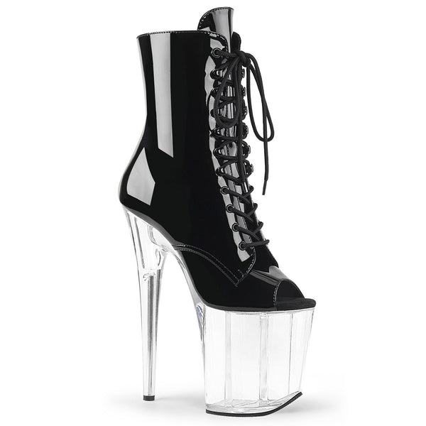 8" Heel, 4" PF Peep Toe Lace-Up Ankle Boot, Side Zip Blk Pat/Clr Pleaser Pleaser FLAMINGO/1021