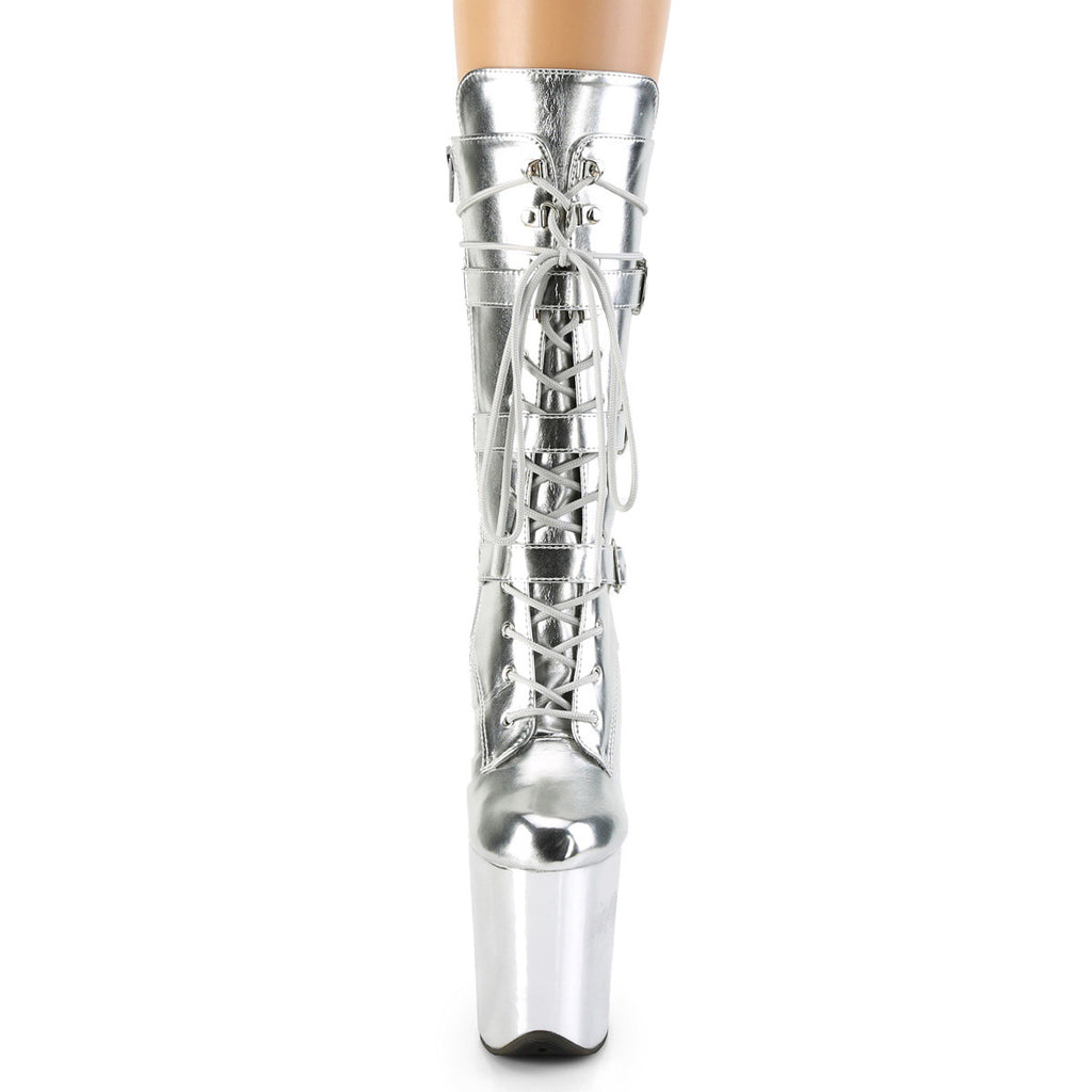 8" Heel, 4" Pf Lace-up Front Mid Calf Boot, Side Zip Pleaser  FLAMINGO/1053