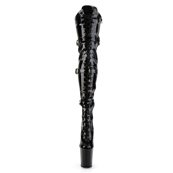 8" Heel, 4" Pf Stretch Thigh Boot W/Buckled Straps, Side Zip Pleaser Pleaser FLAMINGO/3028