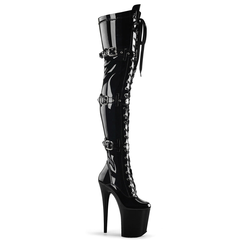 8" Heel, 4" Pf Stretch Thigh Boot W/Buckled Straps, Side Zip Pleaser Pleaser FLAMINGO/3028
