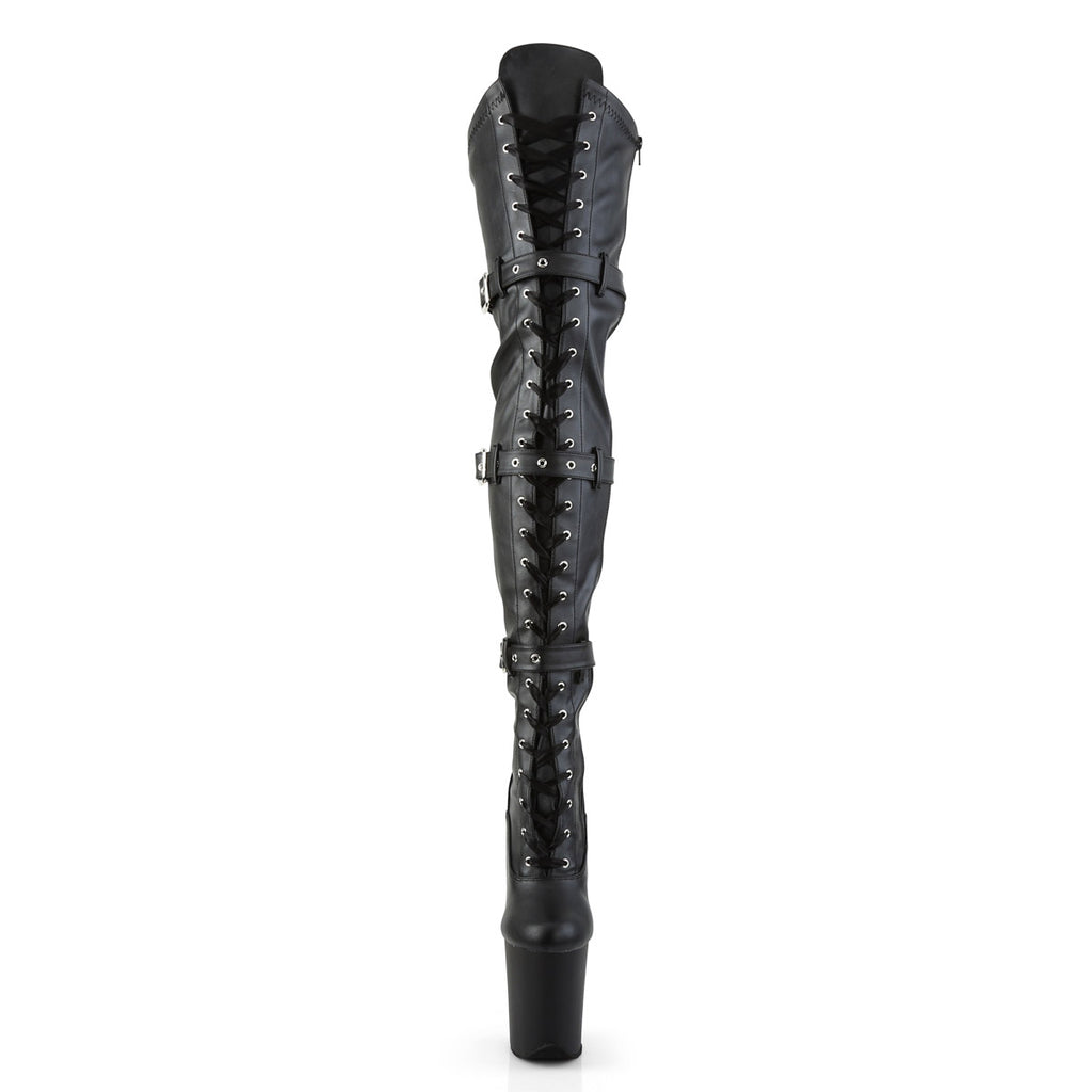8" Heel, 4" Pf Stretch Thigh Boot W/Buckled Straps, Side Zip Pleaser Pleaser FLAMINGO/3028