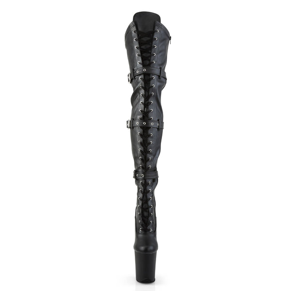 8" Heel, 4" Pf Stretch Thigh Boot W/Buckled Straps, Side Zip Pleaser Pleaser FLAMINGO/3028