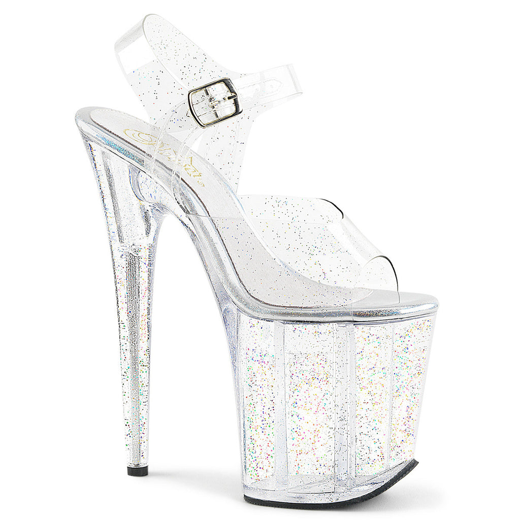 8" Heel, 4" Pf Ankle Strap Sandal W/Glitter Pleaser Pleaser FLAMINGO/808MMG