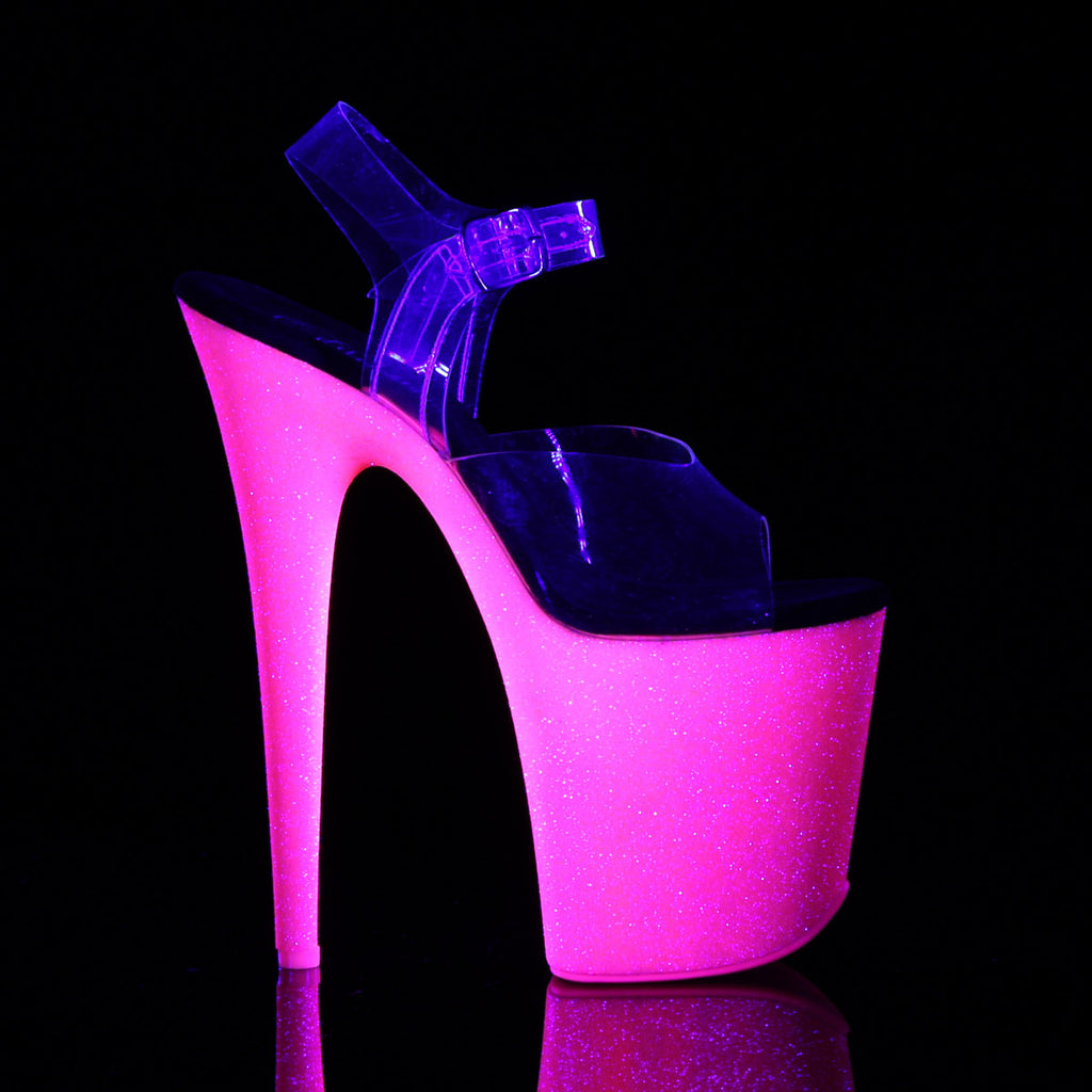 8" Heel, 4" Pf Ankle Strap Sandal W/Neon Uv Reactive Btm Pleaser Pleaser FLAMINGO/808UVG