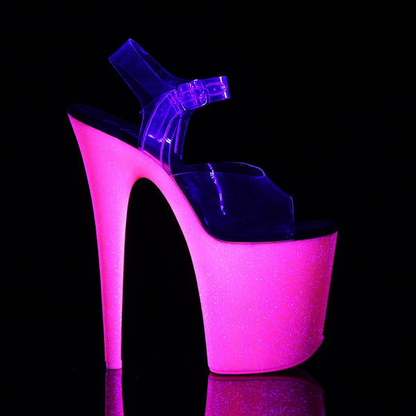 8" Heel, 4" Pf Ankle Strap Sandal W/Neon Uv Reactive Btm Pleaser Pleaser FLAMINGO/808UVG