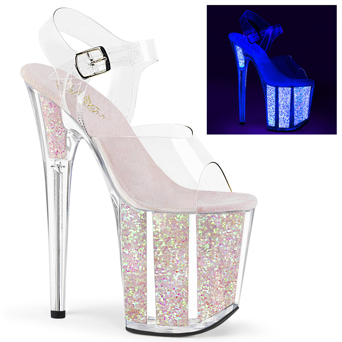 8" Heel, 4" Pf Ankle Strap Sandal W/glitter Inserts Pleaser Pleaser FLAMINGO/808UVG Main image