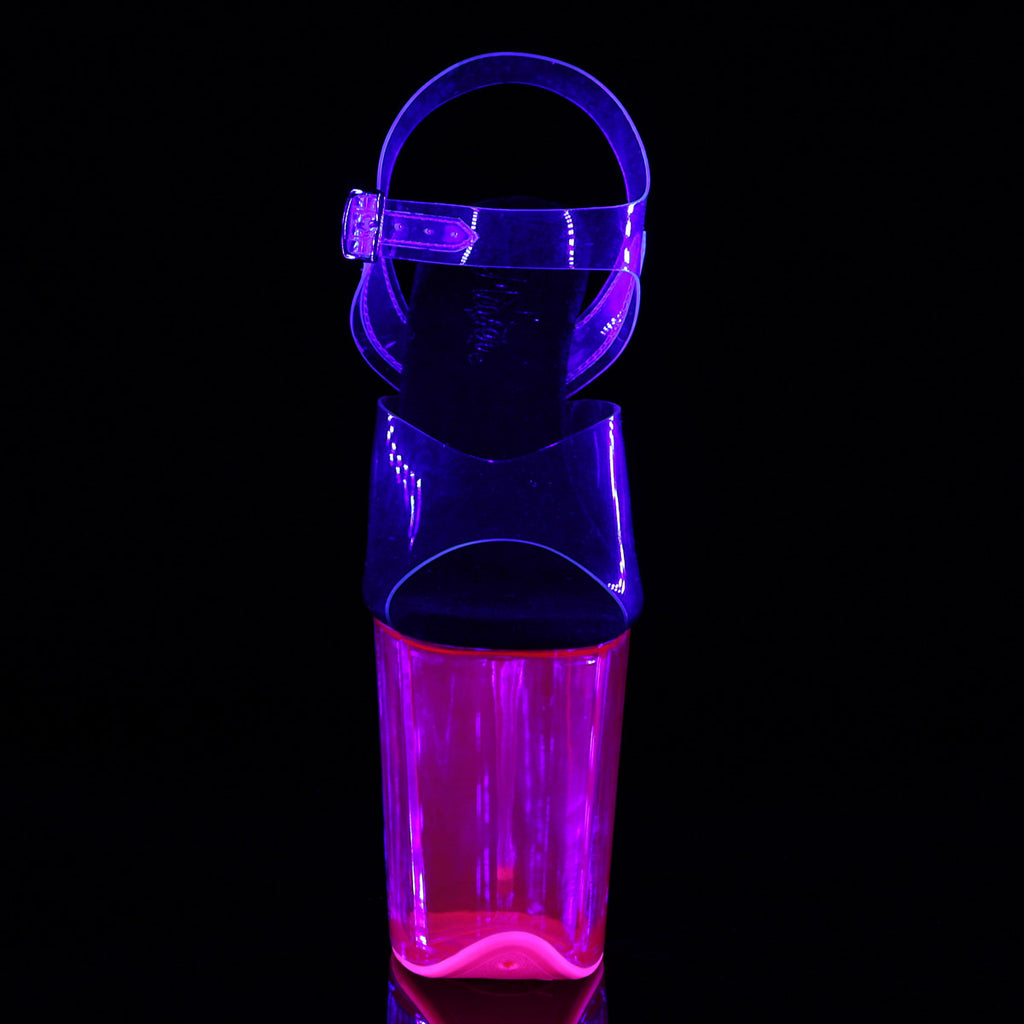 8" Heel, 4" UV Reactive Tinted PF Ankle Strap Sandal Pleaser  FLAMINGO/808UVT