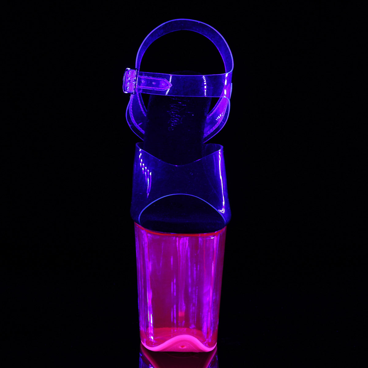 8" Heel, 4" UV Reactive Tinted PF Ankle Strap Sandal Pleaser  FLAMINGO/808UVT