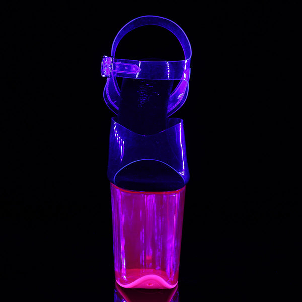 8" Heel, 4" UV Reactive Tinted PF Ankle Strap Sandal Pleaser  FLAMINGO/808UVT