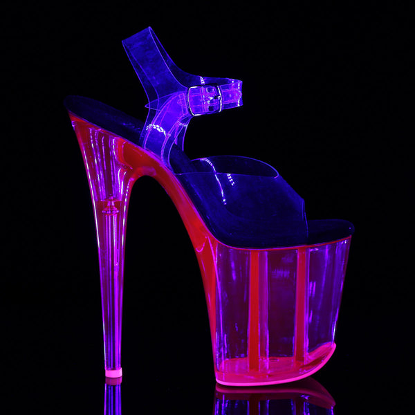 8" Heel, 4" UV Reactive Tinted PF Ankle Strap Sandal Pleaser  FLAMINGO/808UVT