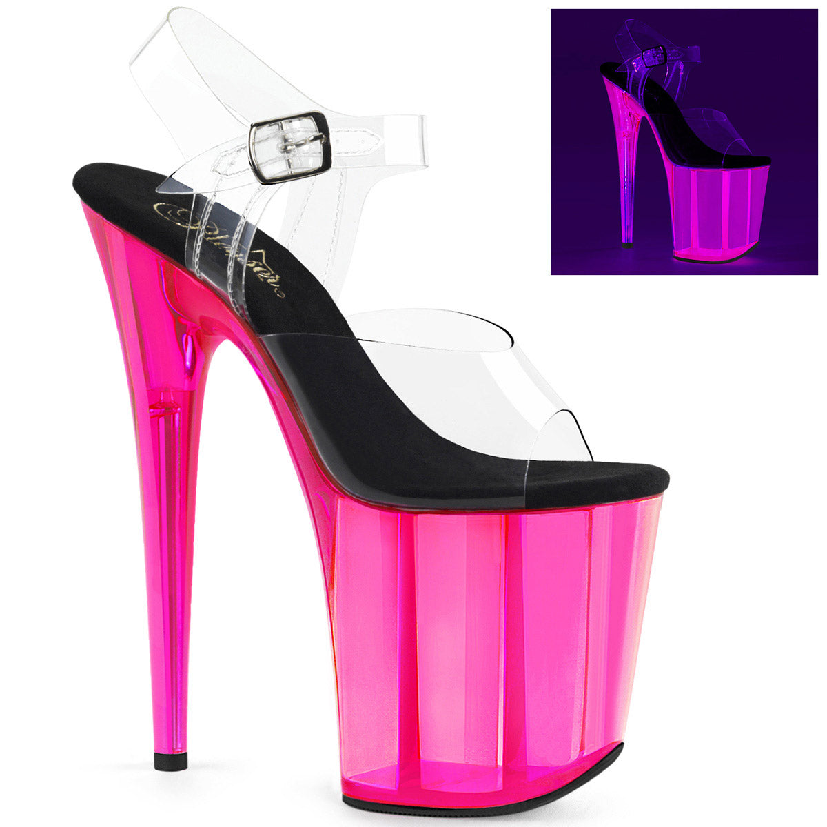 8" Heel, 4" UV Reactive Tinted PF Ankle Strap Sandal Pleaser  FLAMINGO/808UVT Main image