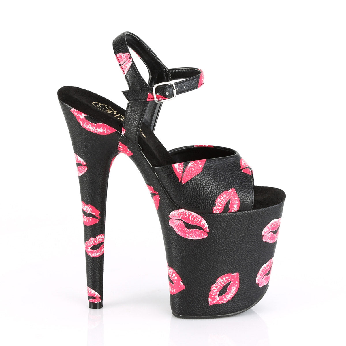 8" Heel, 4" Pf Ankle Strap Sandal W/ Lip Print Pleaser Pleaser FLAMINGO/809KISSES
