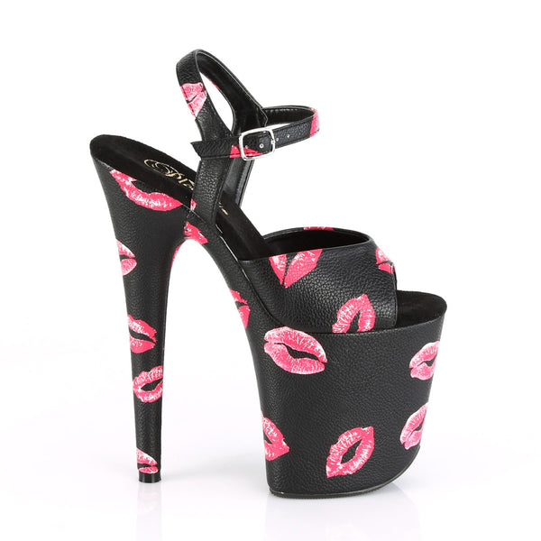 8" Heel, 4" Pf Ankle Strap Sandal W/ Lip Print Pleaser Pleaser FLAMINGO/809KISSES