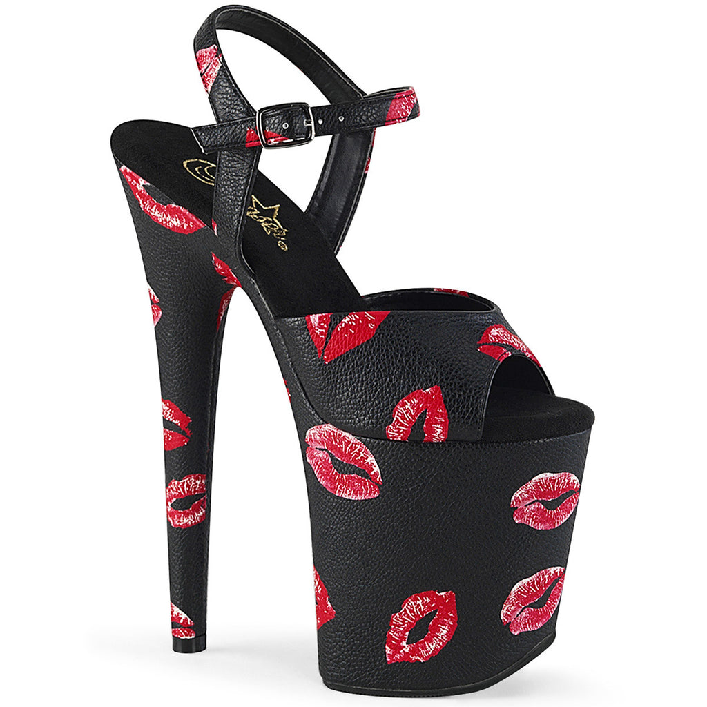 8" Heel, 4" Pf Ankle Strap Sandal W/ Lip Print Pleaser Pleaser FLAMINGO/809KISSES