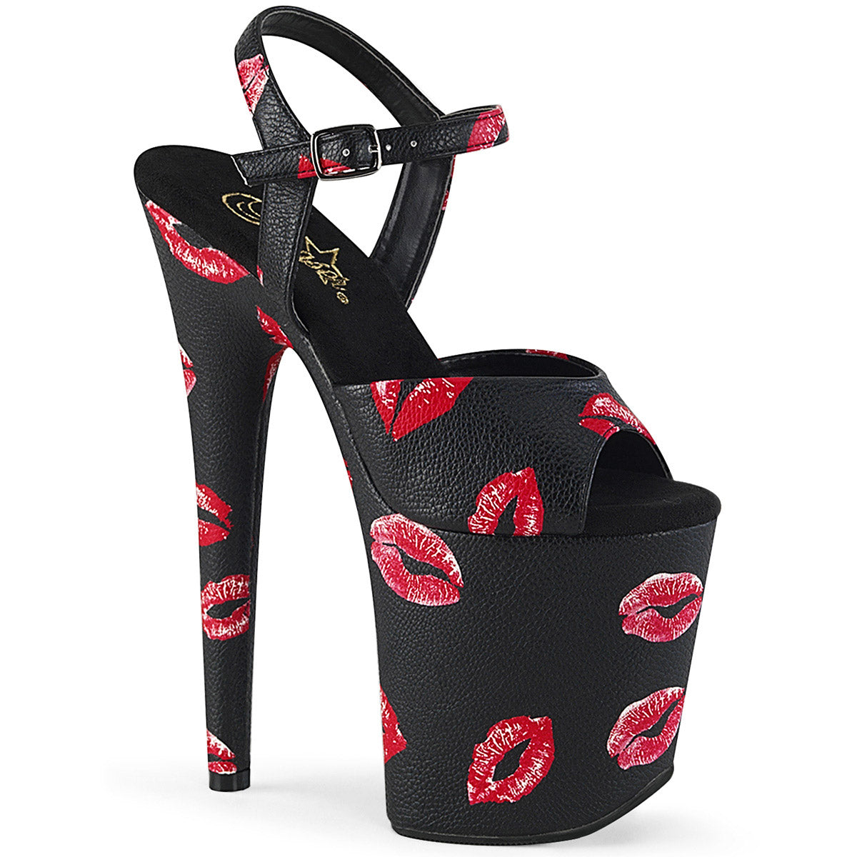 8" Heel, 4" Pf Ankle Strap Sandal W/ Lip Print Pleaser Pleaser FLAMINGO/809KISSES