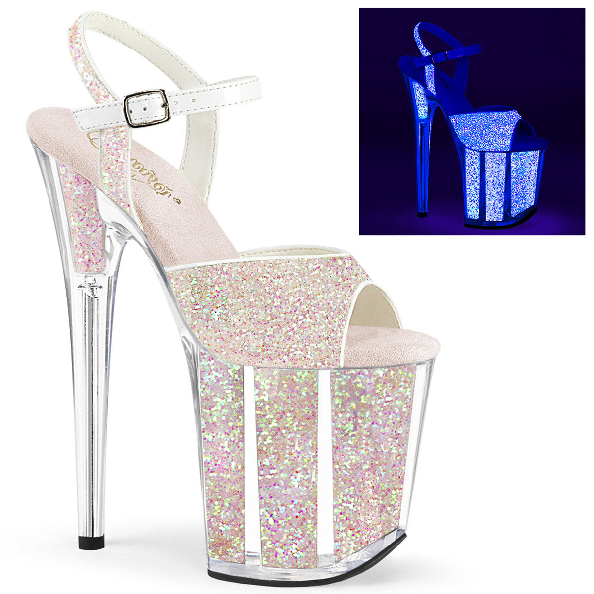 8" Heel, 4" Pf Ankle Strap Sandal W/glitter Inserts Pleaser Pleaser FLAMINGO/810UVG Main image