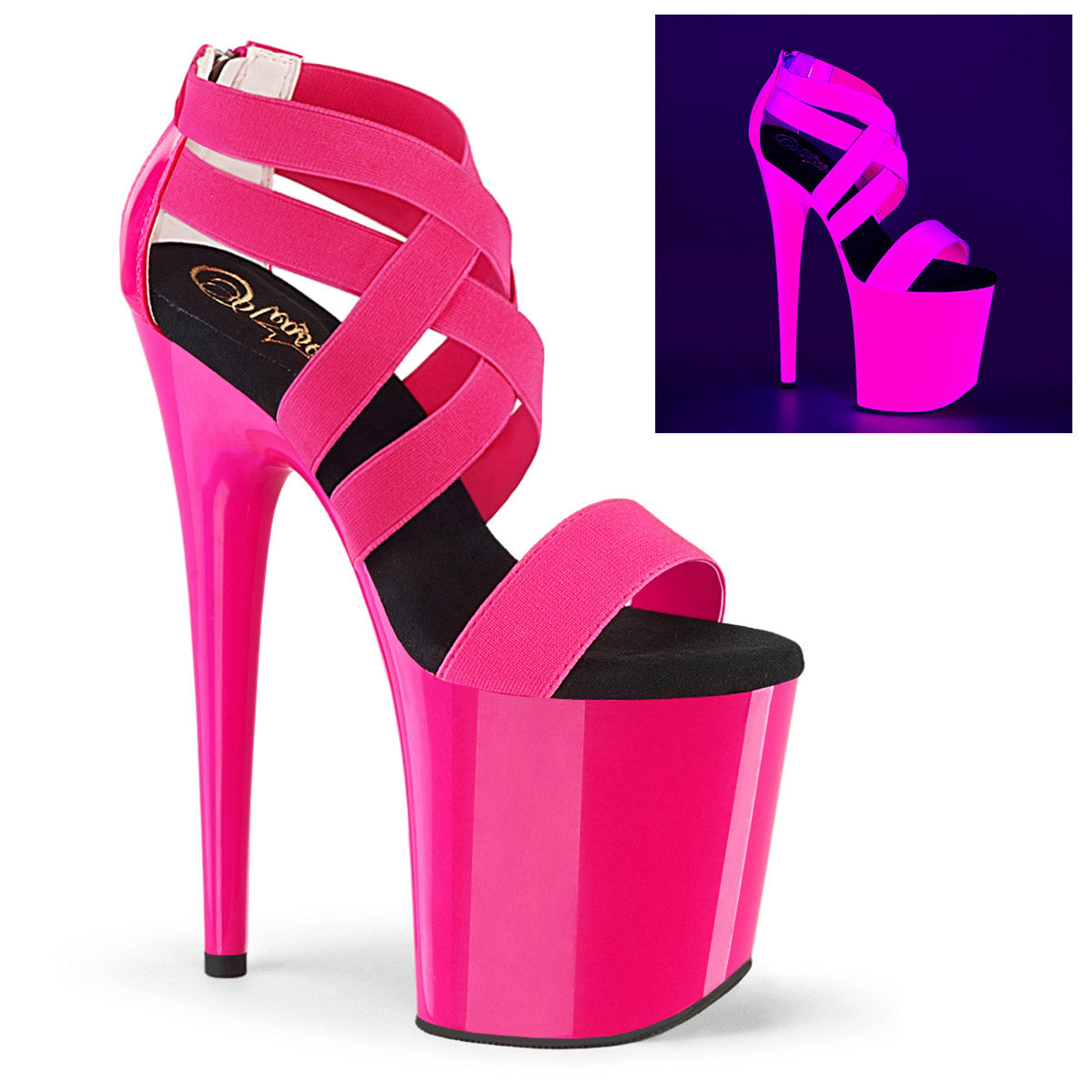 8" Heel, 4" PF UV Reactive Criss Cross Sandal, Back Zip Pleaser Pleaser FLAMINGO/869UV Main image