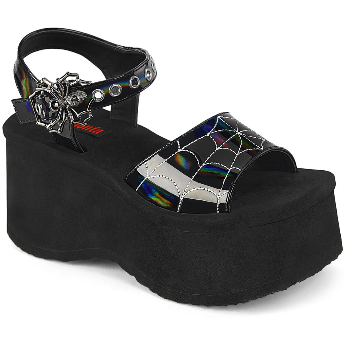 Demonia Funn-10 Platform Ankle Strap Sandal with Spider Web Embroidery and Buckle Secondary image