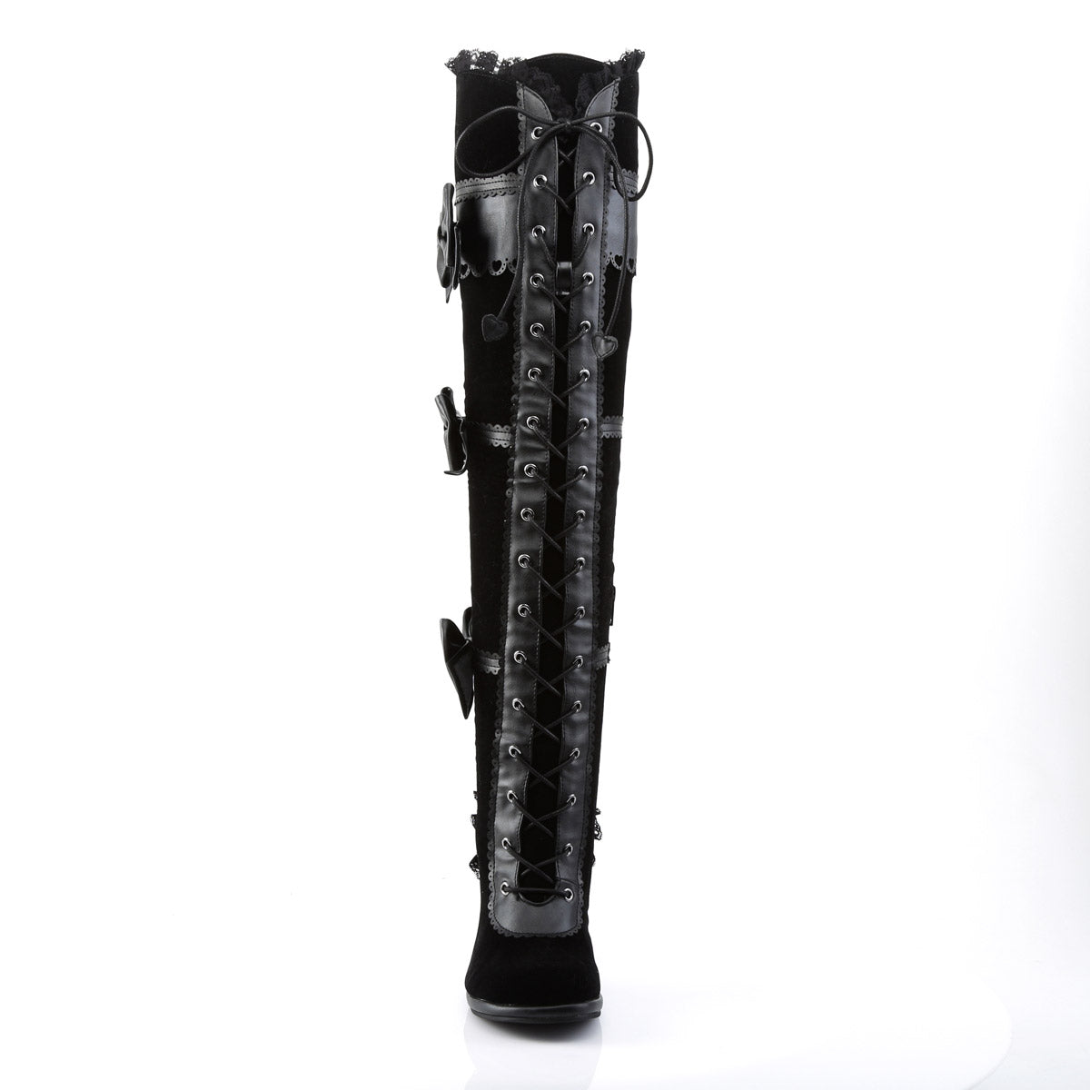 3 3/4" Heel, 1/2" P/F Goth Lolita Over-the-Knee Boot W/ Bows Blk Vegan Leather-Velvet Pleaser Demonia GLAM/300