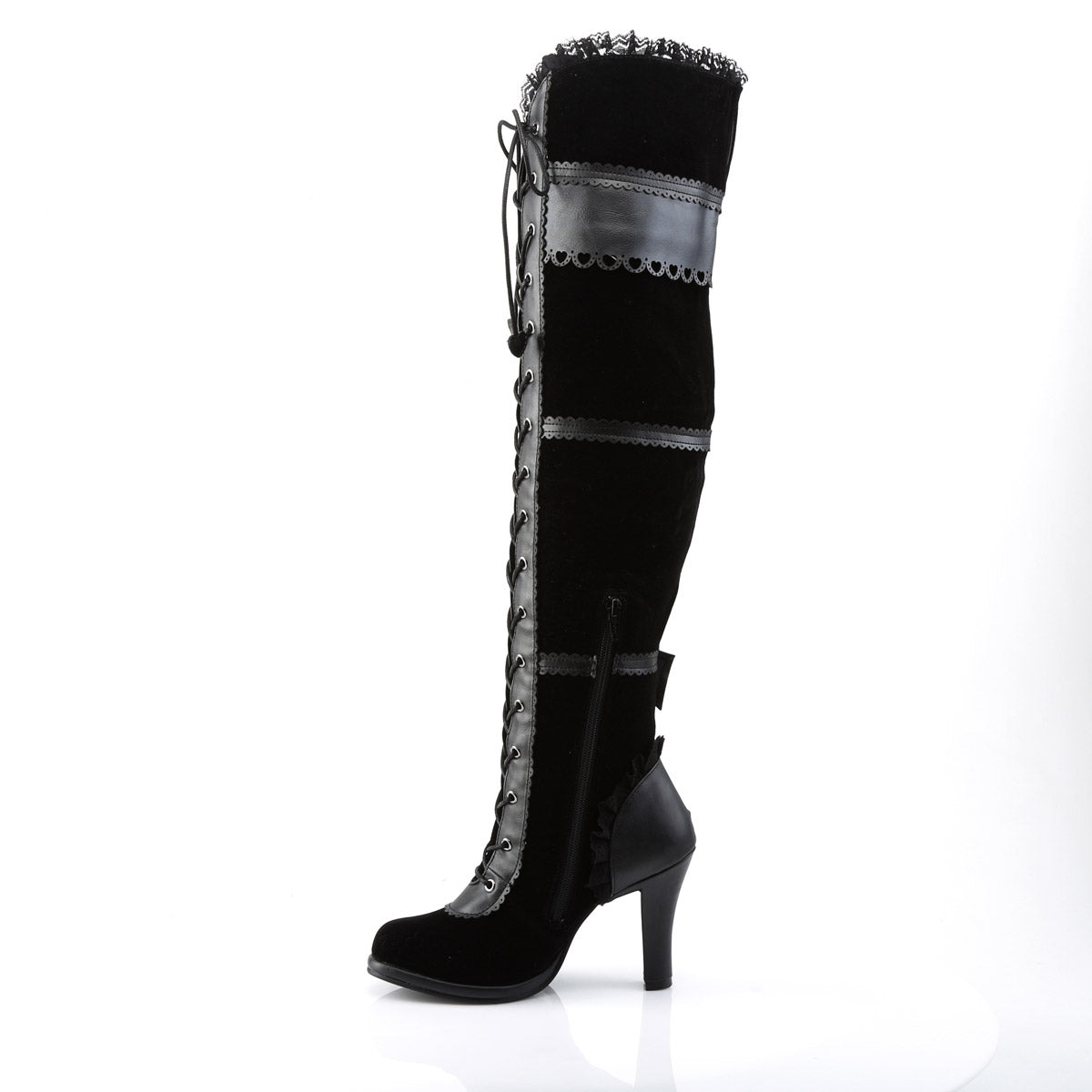 3 3/4" Heel, 1/2" P/F Goth Lolita Over-the-Knee Boot W/ Bows Blk Vegan Leather-Velvet Pleaser Demonia GLAM/300