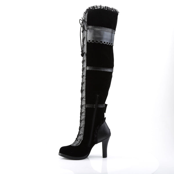 3 3/4" Heel, 1/2" P/F Goth Lolita Over-the-Knee Boot W/ Bows Blk Vegan Leather-Velvet Pleaser Demonia GLAM/300