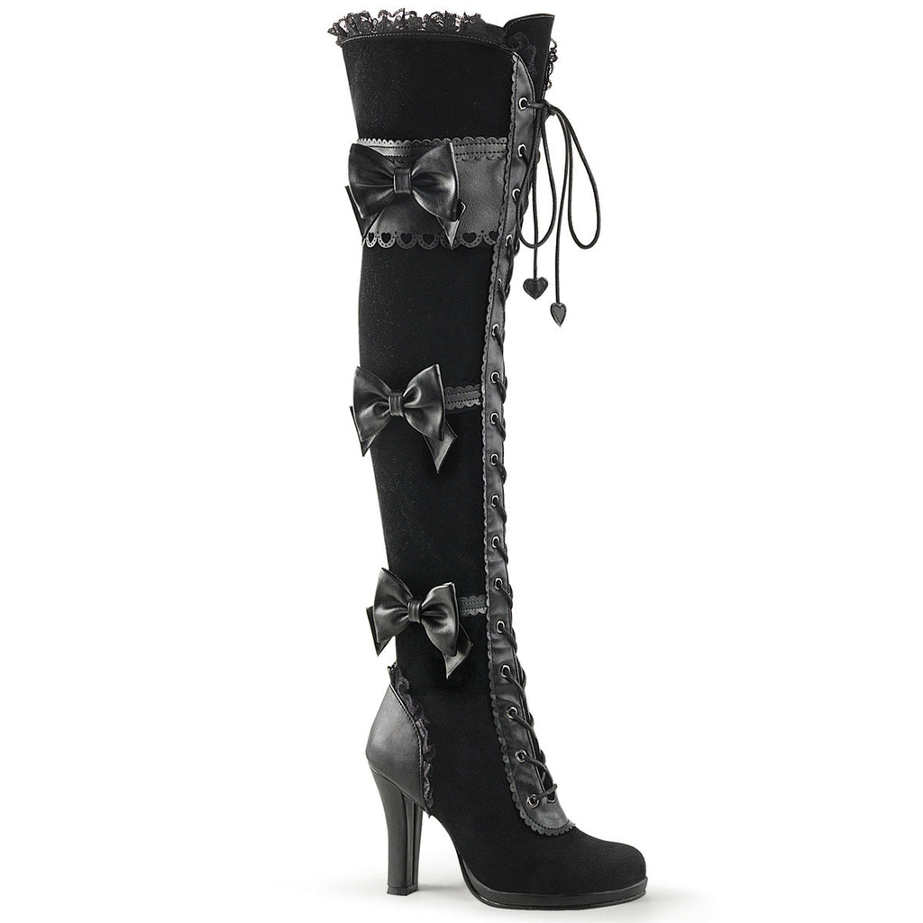 3 3/4" Heel, 1/2" P/F Goth Lolita Over-the-Knee Boot W/ Bows Blk Vegan Leather-Velvet Pleaser Demonia GLAM/300
