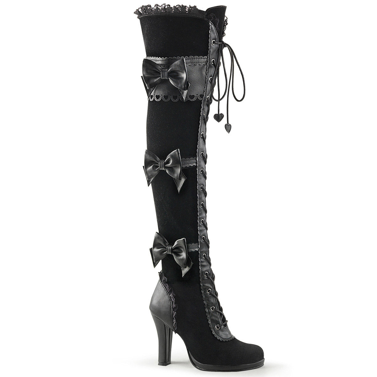 3 3/4" Heel, 1/2" P/F Goth Lolita Over-the-Knee Boot W/ Bows Blk Vegan Leather-Velvet Pleaser Demonia GLAM/300