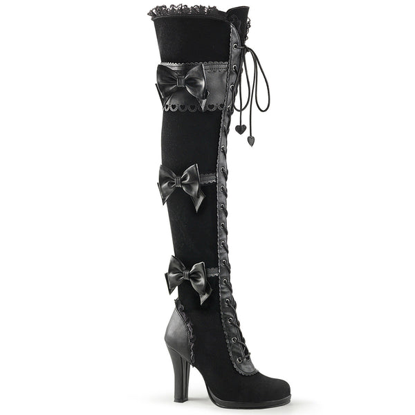 3 3/4" Heel, 1/2" P/F Goth Lolita Over-the-Knee Boot W/ Bows Blk Vegan Leather-Velvet Pleaser Demonia GLAM/300