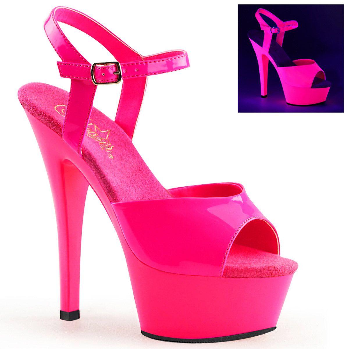 6" Heel, 1 3/4" Pf Ankle Strap Sandal, Neon Uv Reactive Pleaser  KISS/209UV Main image