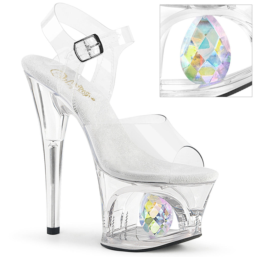 7" Heel, 2 3/4" Cut-Out PF Ankle Strap Sandal w/ Diamond Pleaser Pleaser MOON/708DIA