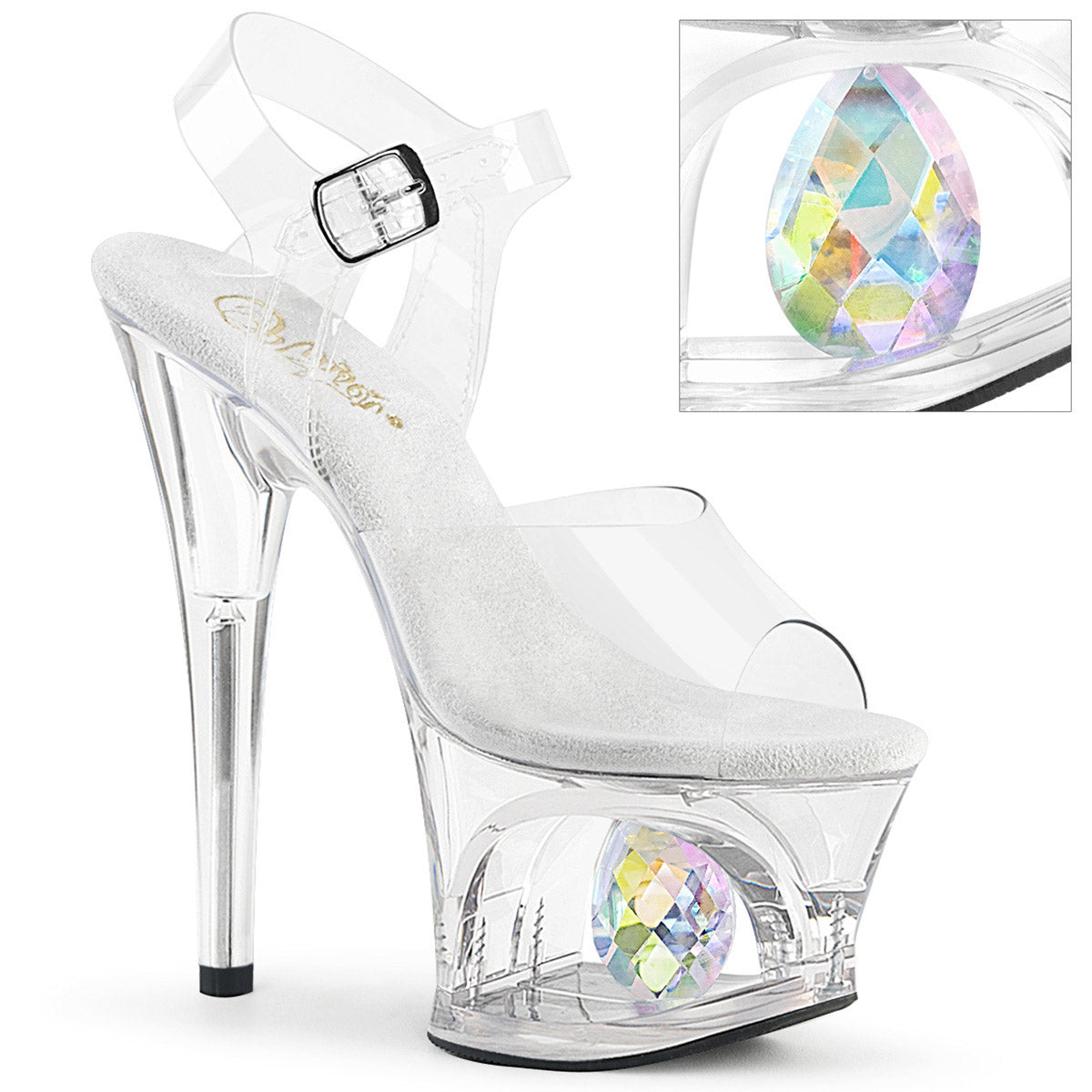 7" Heel, 2 3/4" Cut-Out PF Ankle Strap Sandal w/ Diamond Pleaser Pleaser MOON/708DIA