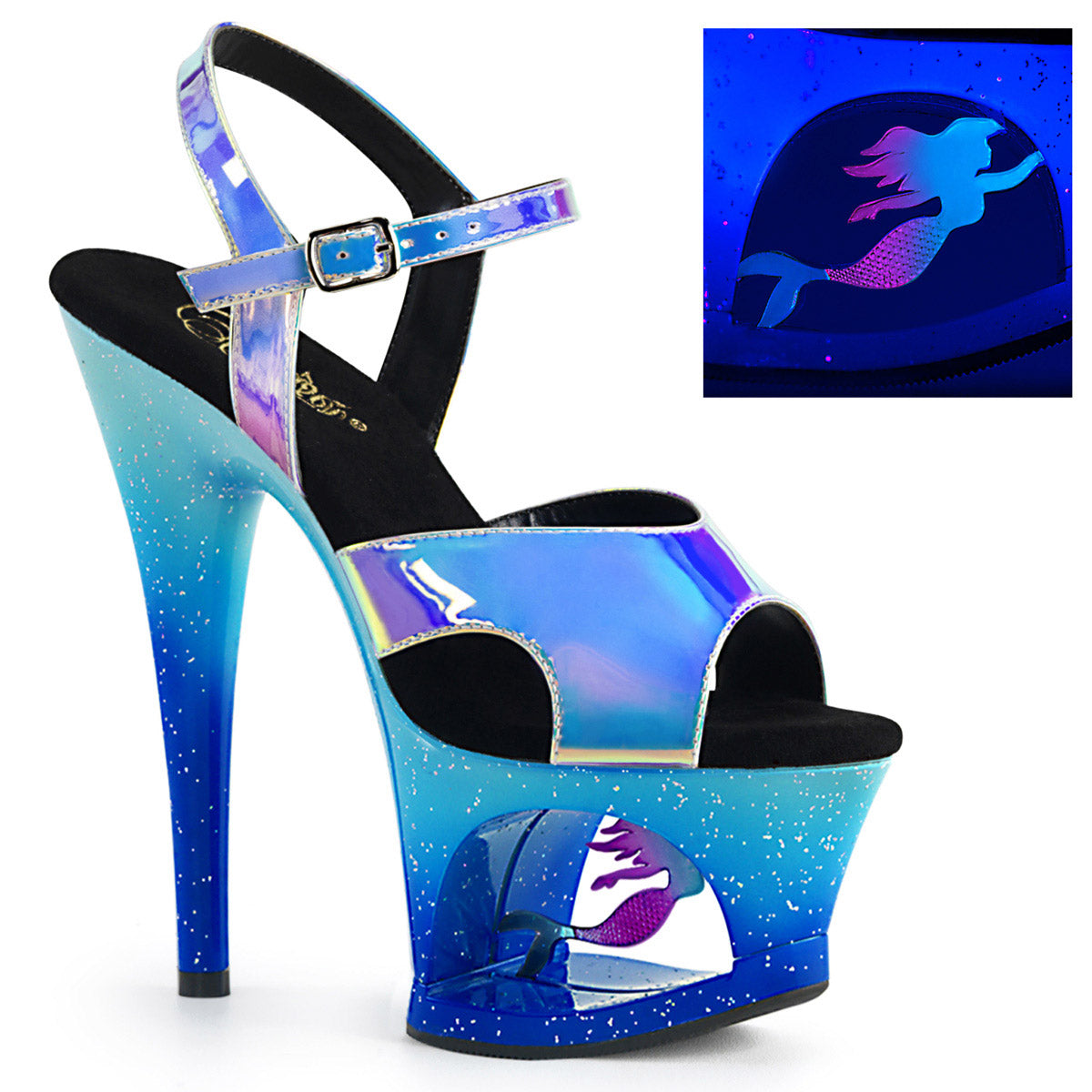 7" Heel, 2 3/4" Cut-Out PF Ankle Strap Sandal w/ Mermaid Pleaser Pleaser MOON/711MER Main image