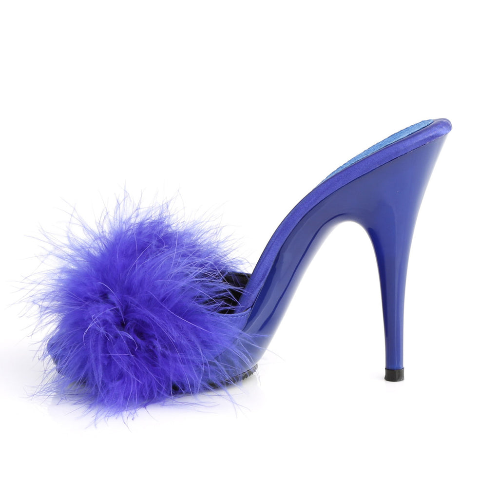 5" Heel, 3/8" PF Marabou Slide Sandal Blue Pleaser Fabulicious POISE/501F