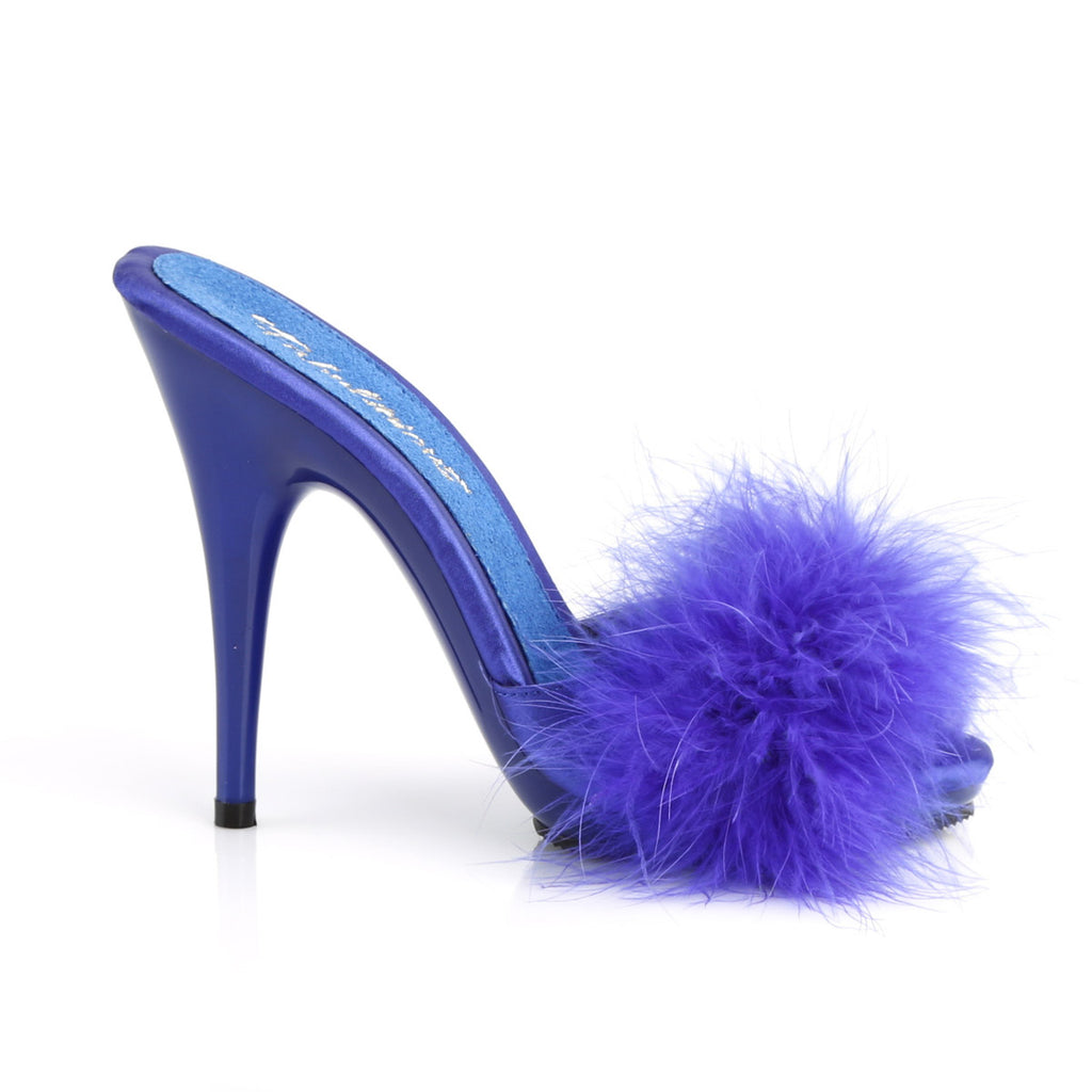 5" Heel, 3/8" PF Marabou Slide Sandal Blue Pleaser Fabulicious POISE/501F