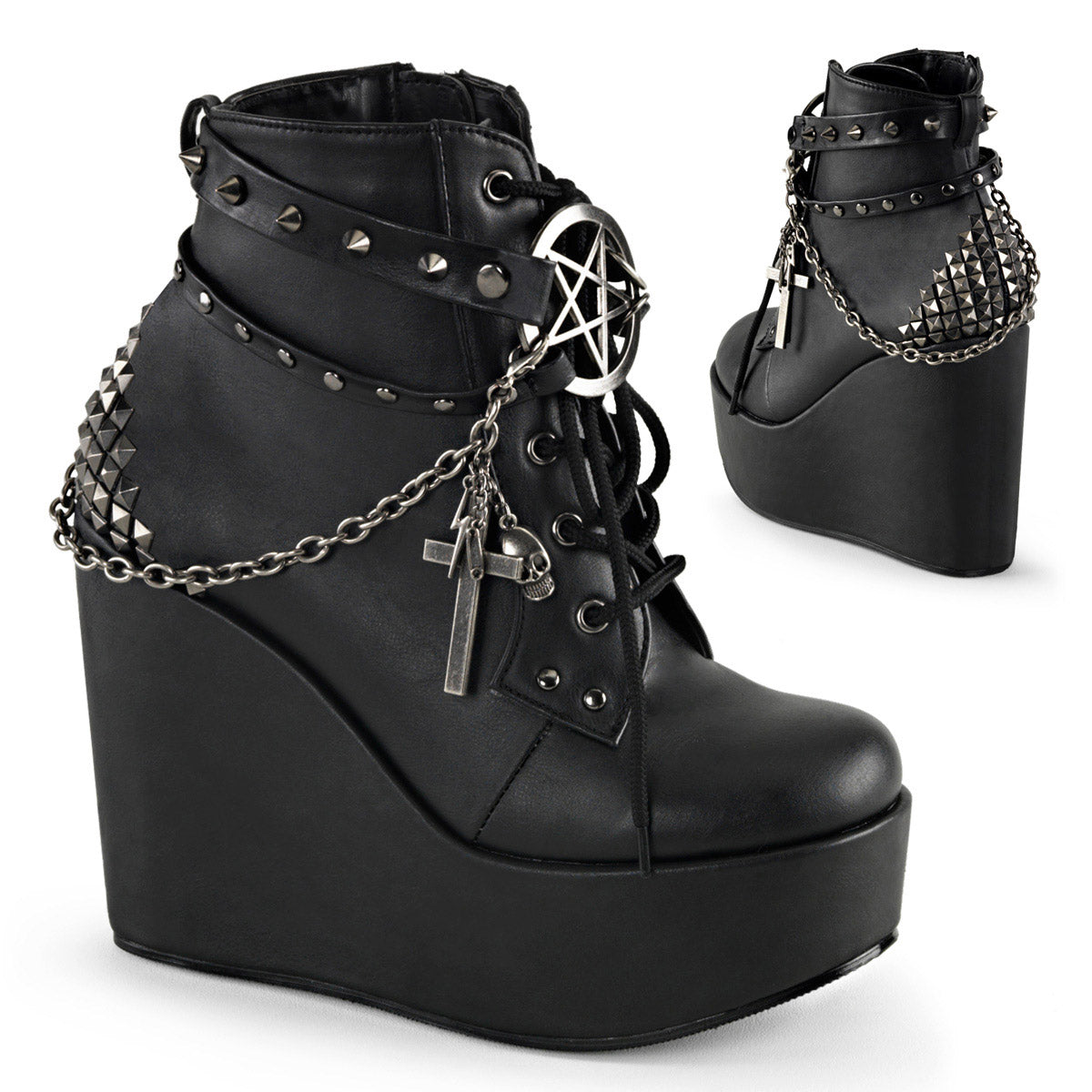 5" Wedge PF Boot w/Straps, Studs, Assorted Charms & Chain Blk Vegan Leather Pleaser Demonia POISON/101 Main image