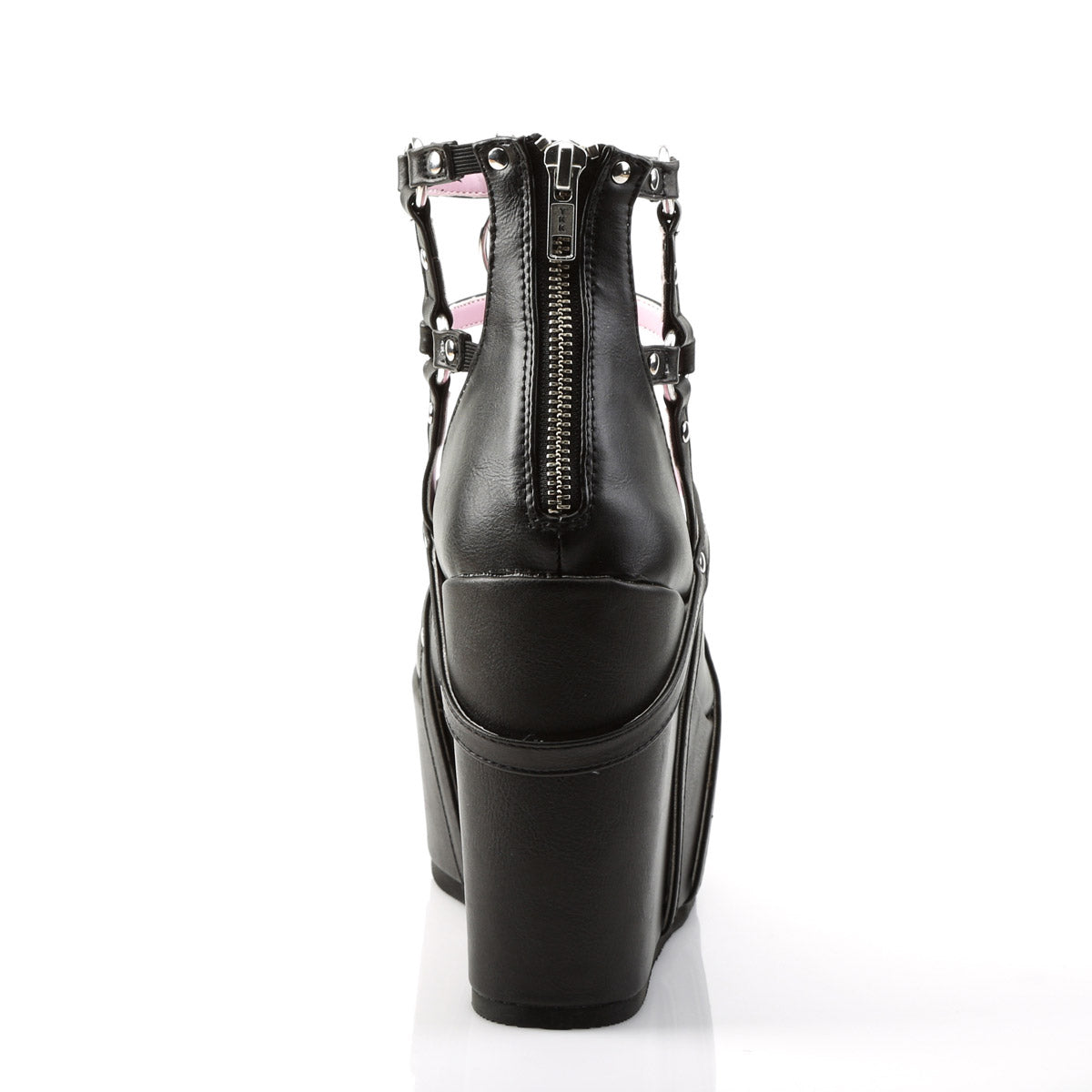 5" Wedge PF Cage Bootie, Back Metal Zip Blk Vegan Leather Pleaser Demonia POISON/25/1