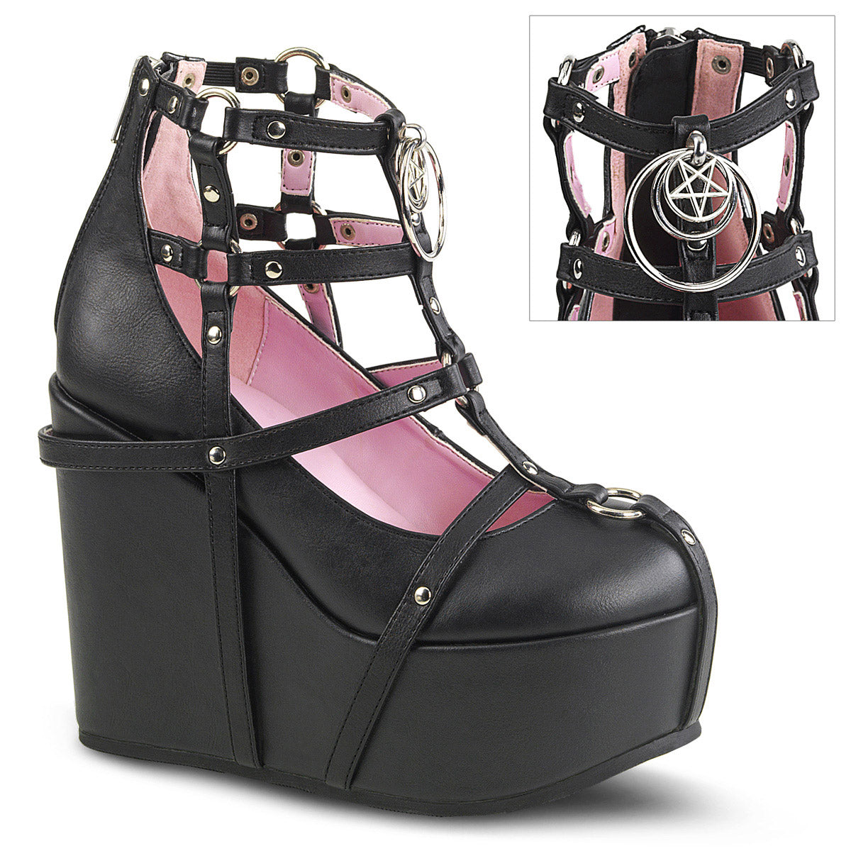 5" Wedge PF Cage Bootie, Back Metal Zip Blk Vegan Leather Pleaser Demonia POISON/25/1