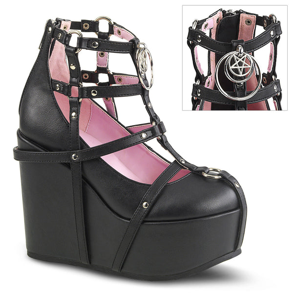 5" Wedge PF Cage Bootie, Back Metal Zip Blk Vegan Leather Pleaser Demonia POISON/25/1