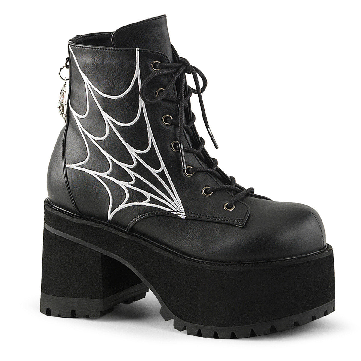 4" Heel, 2 1/2" PF Ankle Boot w/ Spider Wed Embroidery Blk Vegan Leather Pleaser Demonia RANGER/105 Main image
