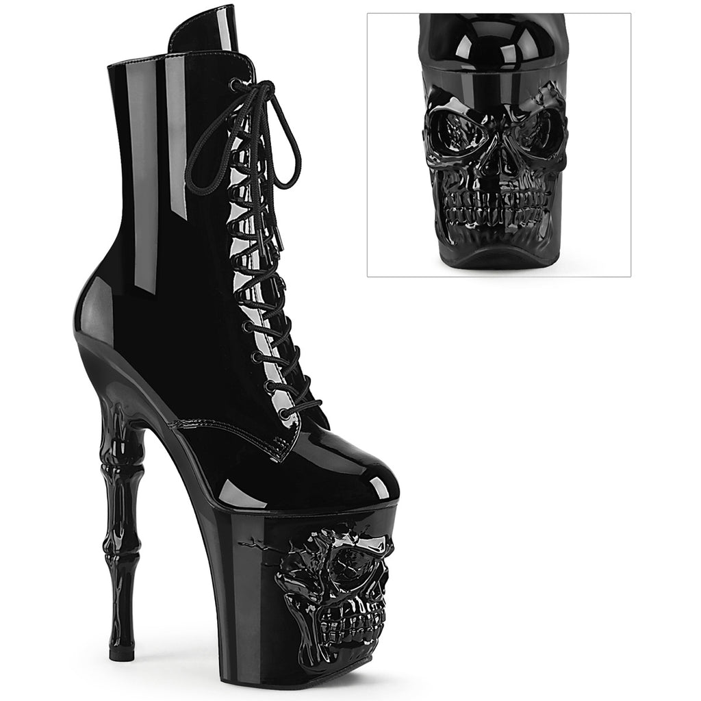 8" Finger Bone Heel, 4" Skull Pf Ankle Boot, Inside Zip Pleaser  RAPT1020/B/M