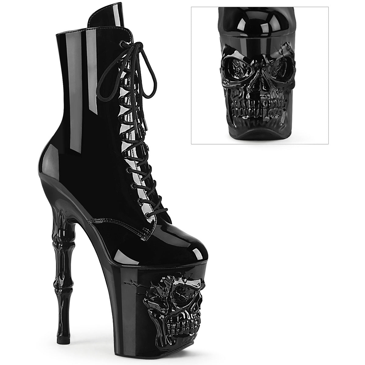 8" Finger Bone Heel, 4" Skull Pf Ankle Boot, Inside Zip Pleaser  RAPT1020/B/M